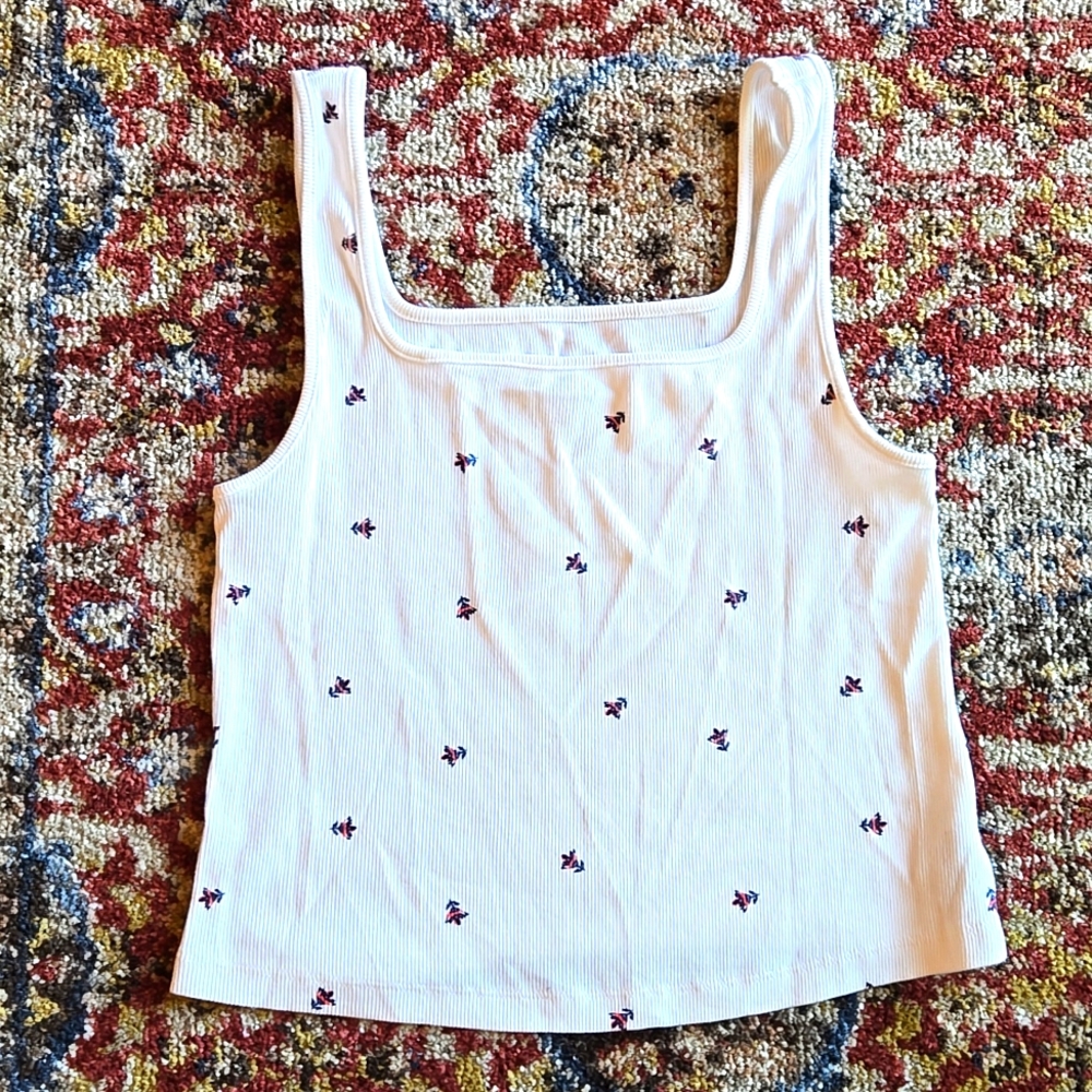 Ribbed White Square Neck top with floral embroidery Old Navy Large